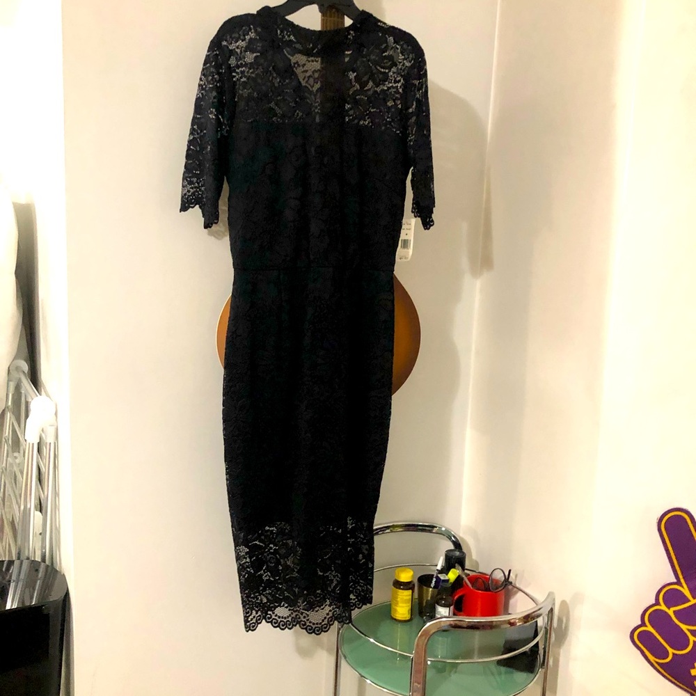 Black lace three quart sleeve midi dress